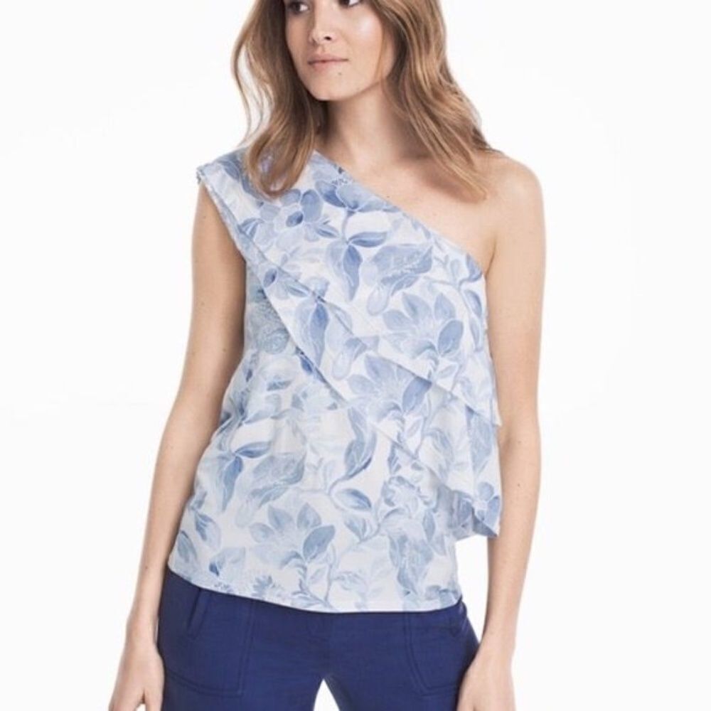 White House Black Market One Shoulder Blue Floral Top Blouse Small Petite